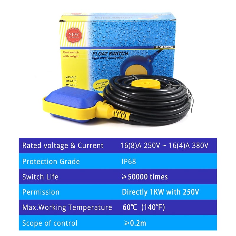 Mamfous Float Switch, 220V 16A Waterproof Tethered Float Switch & Liquid Level Controller with Cable for Water Tank, Sump Pump, Septic Tank, Pool, Pond, Aquarium(32.8ft(10M)) - Image 3